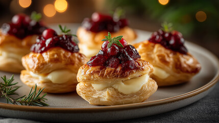  appetizer of mini puff pastries filled with melted brie cheese and cranberry sauce, golden flaky layers