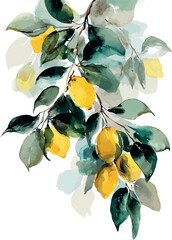 Vibrant watercolor depiction of a lemon tree full of ripe fruits and lush green leaves under sunlight - vector illustration