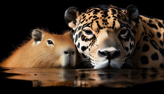 Aquatic Camaraderie Majestic Capybara and Jaguar Sharing a Serene Moment in Water Together