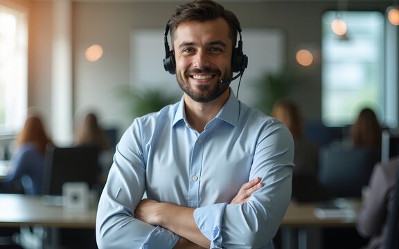 Call center, pride and businessman consulting, working and talking at a telemarketing company. Portrait of customer service employee and manager with arms crossed while giving support with a headset