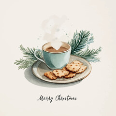 Charming watercolor of a cozy tea cup and handwritten Merry Christmas lettering in festive style - vector illustration