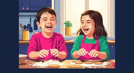 Joyful Siblings Baking Cookies – Fun Family Kitchen Illustration