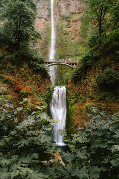 Slow shutter shot of lower falls at Multnomah Falls and bridge