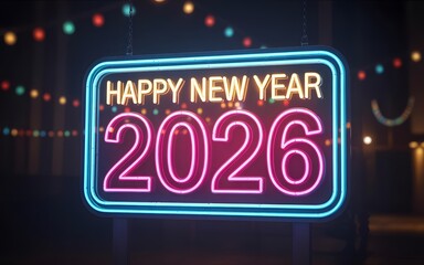 Neon Sign Happy New Year 2026 in Vibrant Colors light