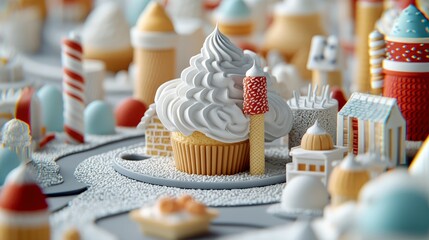 A miniature village made of sweets, featuring a large cupcake as the central element, surrounded by candy cane structures, ice cream cones, and small houses. Th