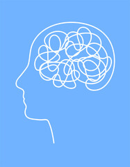 Continuous line drawing of head silhouette with chaotic scribbles inside. Psychology and psychotherapy concept showing anxiety, ADHD, and confused thoughts seeking support.