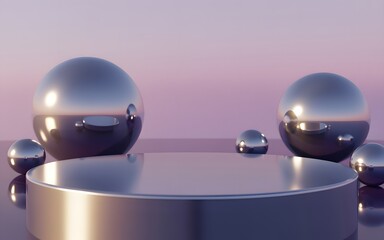 Reflective Silver Podiums and Spheres with Soft Purple Sky pedestal platform