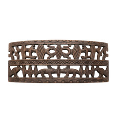 Intricate African tribal wood carving featuring geometric patterns and animal motifs
