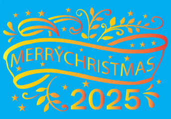 Merry Christmas 2025 festive ribbon illustration. Bright orange holiday graphic featuring a decorative swirling ribbon with , ideal for seasonal greetings and festive designs EPS10/AI.