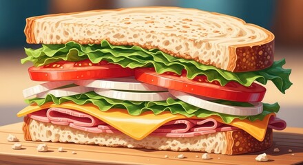 Delicious sandwich with ham, vegetables and vegetables blur background