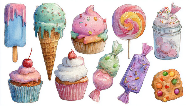 A colorful assortment of desserts including ice cream cones, cupcakes, lollipops, and candy, featuring vibrant colors and playful designs