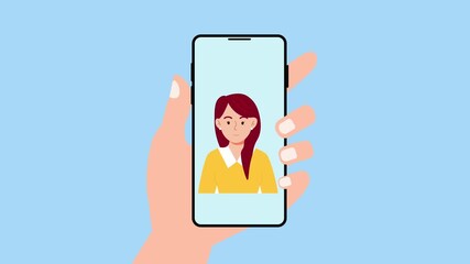 Animated hand holding a smartphone during a video call with a woman on screen. - Powered by Adobe