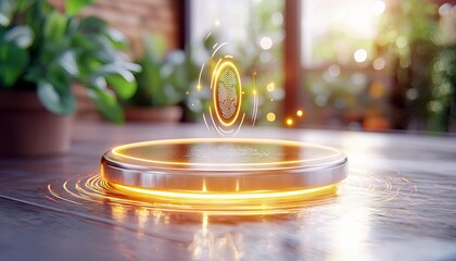 A futuristic wireless charging pad with a glowing fingerprint icon hovers above a wooden surface, surrounded by energy rings. Plants and soft sunlight create a