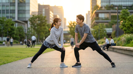 Young Asian couple stretching in a park enjoying a healthy lifestyle exercising outdoors in the city