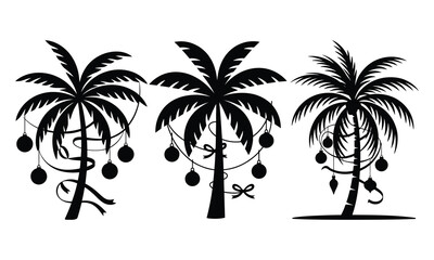 Christmas palm tree silhouette set with festive ornaments and holiday decoration elements, Ideal for tropical holiday themes, beach-inspired designs, and creative seasonal graphics.