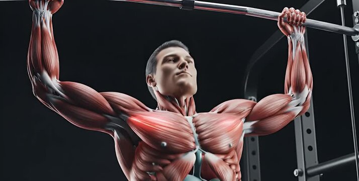 Muscular man performing a pull-up, anatomical muscle display.