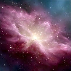 A stunning, vibrant pink nebula glows with bright stars scattered throughout the cosmic expanse, set against a dark, starry background.