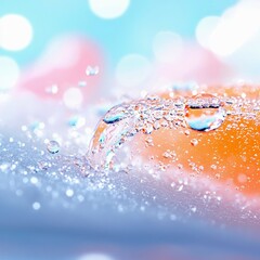 Close-up macro shot of clear water droplets and bubbles on an orange textured surface, with a soft, blurred background of pink and blue bokeh lights.