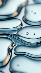 Close-up view of clear blue liquid droplets with reflective surfaces, creating an abstract and serene visual.