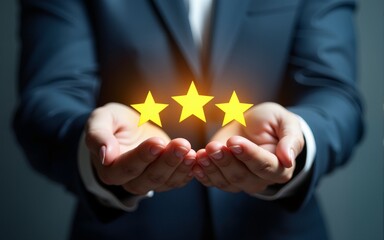 Business hand presenting five star rating icon customer satisfaction review feedback system quality assurance positive experience digital service trust evaluation online reputation management