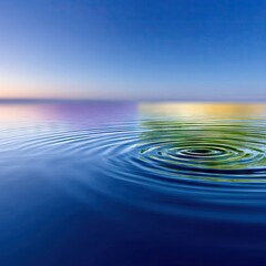 Concentric water ripples spread across a deep blue surface, reflecting a soft, colorful horizon of purple and yellow under a clear blue sky. The scene evokes tr