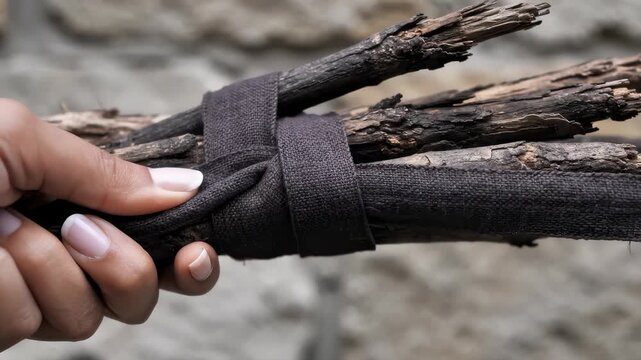 Hand Securing Bundle of Sticks With Fabric Strap for Kindling Fire