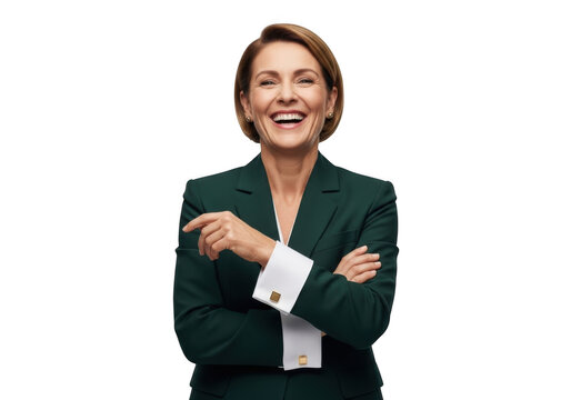 Smiling businesswoman in green suit pointing and laughing, professional corporate headshot portrait, isolated on transparent background - Powered by Adobe