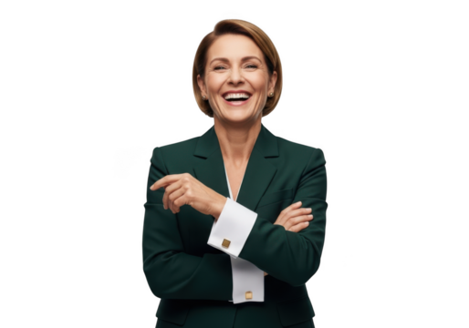 Smiling businesswoman in green suit pointing and laughing, professional corporate headshot portrait, isolated on transparent background