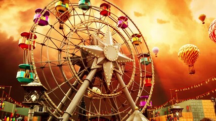 A photorealistic 3D CGI dark and cinematic background scene of a deserted amusement park. Features an abandoned Ferris wheel, carousel, other rides, and ruins under a dramatic orange sky. Ideal for Sc - Powered by Adobe