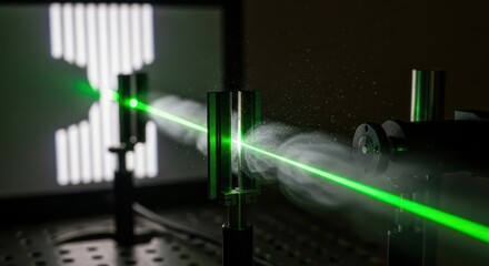 Green laser beam scattering through medium in scientific experiment apparatus