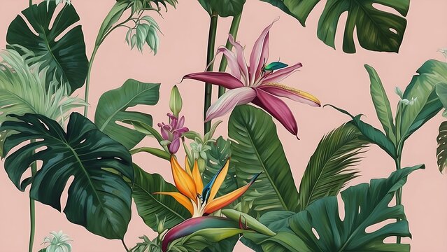 Lush tropical leaves and vibrant flowers bloom with a beetle and butterfly—evoking botanical richness, exotic charm, and natural elegance in a soft pink composition.