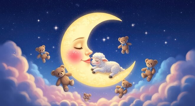 Dreamy celestial scene with crescent moon face sleeping lamb and floating teddy bears amid clouds