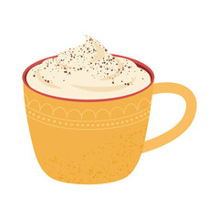 Cocoa cups with cream. Yellow mug. Cream sprinkled with grated chocolate. Isolated on a white background.