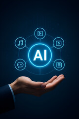 Artificial Intelligence (AI) Services Concept: Professional Hand Holding a Digital Hub of Generative AI Applications (Music, Video, Text, Image) and AI Governance/Law.