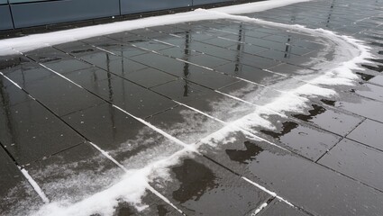 Close-up of wet tiles after snow removal near a shopping center, showing melting snow and edges, emphasizing urban winter safety and cleared pedestrian areas