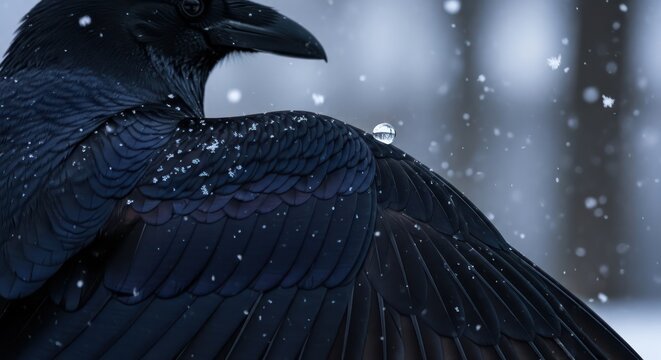 Intricate plumage of a raven, graced with snowflakes and a single droplet of frozen rain during - Powered by Adobe