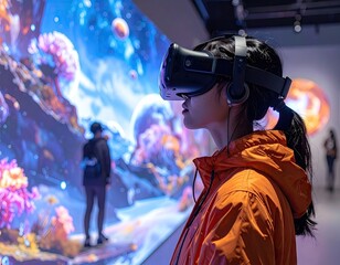 Young Woman in Orange Jacket Wearing VR Headset in Museum Setting with Light Responsive Sculpture and a Man Standing in Background