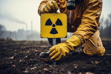 A worker in a yellow suit and gas mask places a radiation warning sign into the ground