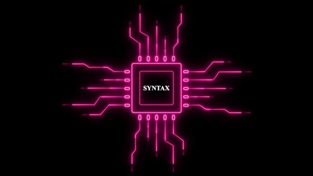 Neon pink circuit board with the word SYNTAX in the center. neon line data concept animation.
