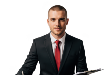 Professional businessman holding clipboard portrait stock photo business man executive corporate leader isolated on transparent background