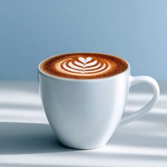 A white ceramic cup filled with coffee, featuring intricate latte art on its surface, sits on a white table. Soft light casts shadows across the scene, creating