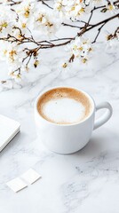 A white ceramic cup filled with frothy coffee sits on a white marble surface, next to a stack of small white notebooks and two square sticky notes. A branch of
