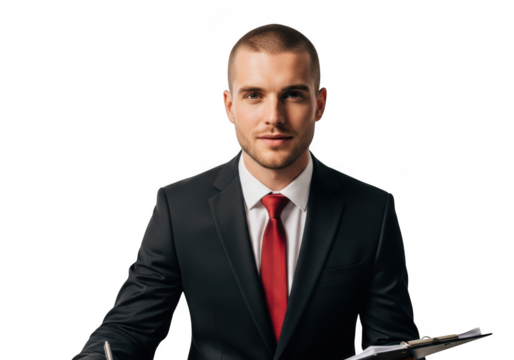 Professional businessman holding clipboard portrait stock photo business man executive corporate leader isolated on transparent background