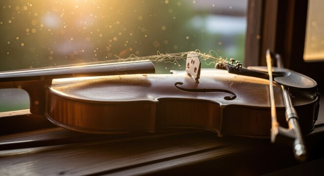Gentle light illuminating a classical violin,resting on a wooden windowsill evoking a sense of peace