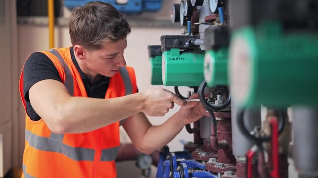 Worker plumber in safety vest demonstrates diligent precision, maintaining complex industrial machinery. Careful, focused effort ensures optimal system operation and reliability, showcasing dedication