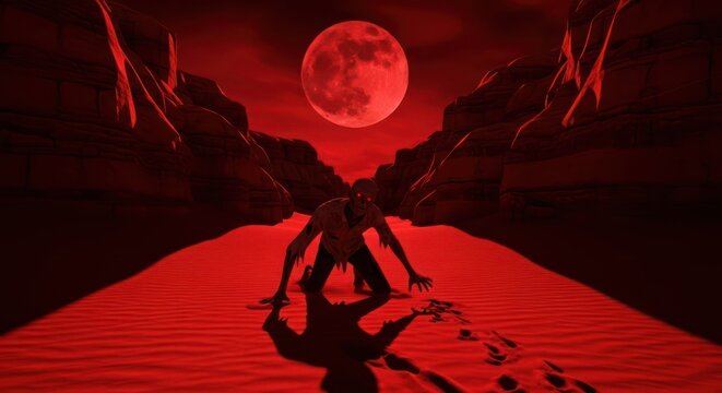 Crimson awakening horror landscape with a resurrected figure under a bloody moon