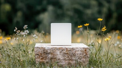 A clean white cube is placed on a rough stone pedestal, surrounded by a vibrant meadow of wildflowers and green grass. The background features a soft, blurred b