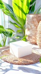 A white cube sits on a woven mat surrounded by lush green tropical plants and decorative vases, illuminated by soft natural light filtering through a window, cr