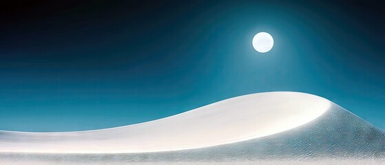 A panoramic view of rolling white sand dunes under a clear night sky with a bright full moon.