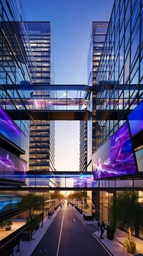 Animated digital signage displays vibrant purple and blue abstract visuals on a modern city street, connecting two sleek glass buildings with a skybridge